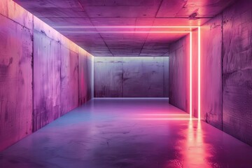 Abstract architectural concrete interior, minimalist house with neon gradient lighting