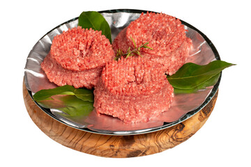 Ground beef. Butcher products. Raw ground beef isolated on white background.