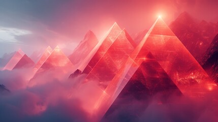 A dreamy landscape of glowing red pyramidal peaks, shrouded in mist, evoking a sense of mystery and otherworldly beauty