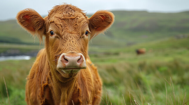 Brown Cow Standing on Lush Green Field