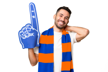 Young caucasian sports fan man over isolated chroma key background laughing