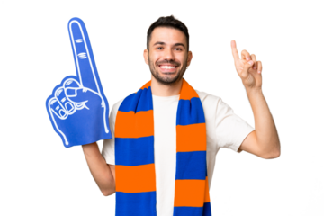 Young caucasian sports fan man over isolated chroma key background pointing up a great idea