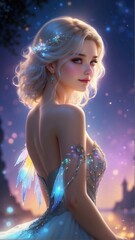 A beautiful blonde woman with fairy wings and a dress. Generative AI.