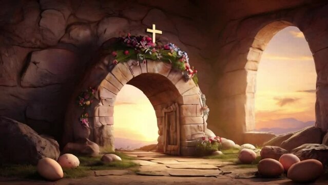 Christian easter background, He has risen, concept of tomb of Jesus created with generative ai