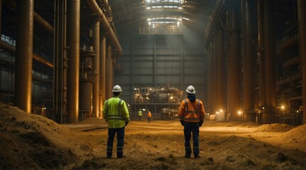 Two men in hard hats standing next to each other inside a building. Generative AI.