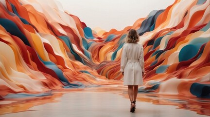 A woman walking through a colorful landscape with mountains. Generative AI. - Powered by Adobe
