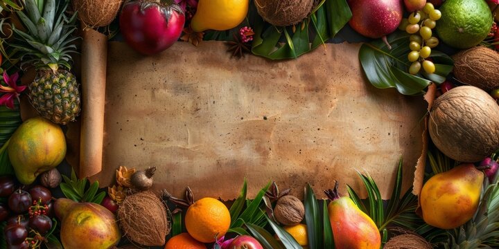 Old parchment encircled by an array of fresh exotic fruits