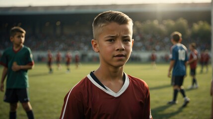 Obraz premium A young boy standing in a soccer field with other players. Generative AI.