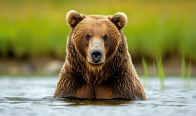 A brown bear in the water with its head out of the water. Generative AI.