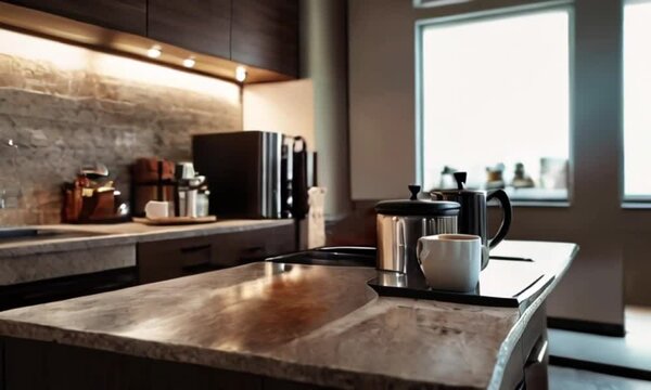 Kitchen island countertop with coffee set, modern kitchen background created with generative ai