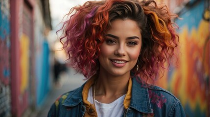 Smiling young woman with colorful hair standing against a graffiti wall. Generative AI.