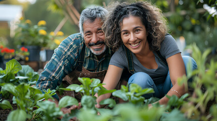 Mixed race middle age man and woman home gardening