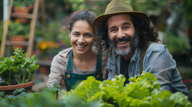 Mixed race middle age man and woman home gardening