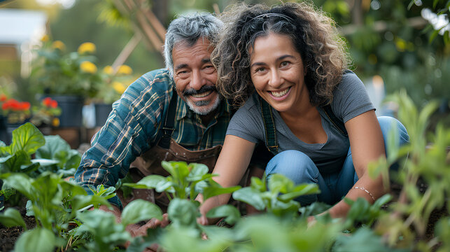 Mixed race middle age man and woman home gardening - Powered by Adobe