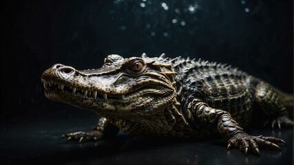 Captive alligator lying in a dark environment. Generative AI. © serg3d