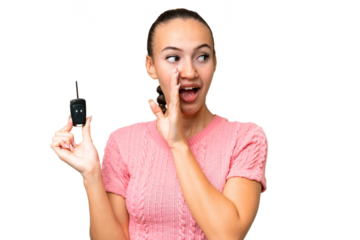 Young Arab woman holding car keys over isolated background whispering something