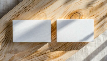 Business Card Mockup for Branding - Promotional Material for Personal Identification tied to Business - Wooden Background with Shadow Overlay - Sunshine casted on Template