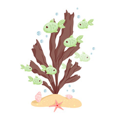 Schools of fish swim at the bottom of the aquarium, a small sea island. Cartoon vector graphics.