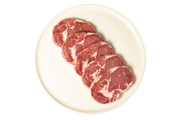Raw beef ribeye meat. Butcher products. Fresh beef ribeye meat isolated on white background.  Top view