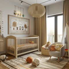 A modern nursery featuring a wooden crib, soft neutral tones, and plush toys, creating a serene and inviting atmosphere for a baby.