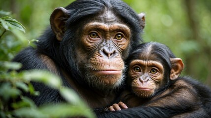 A mother and baby chimpanzee in the wild. Generative AI.