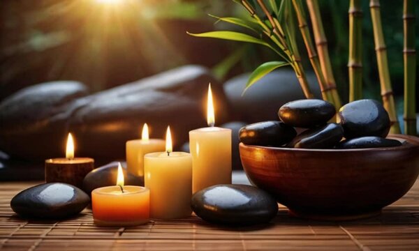 Zen spa background with candles and massage stones with bamboo branches in the rays of the setting sun. relaxing background created with generative ai
