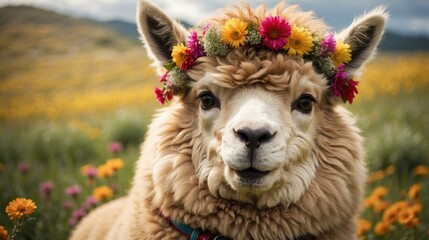 Obraz premium A llama with a flower crown on its head in the grass. Generative AI.