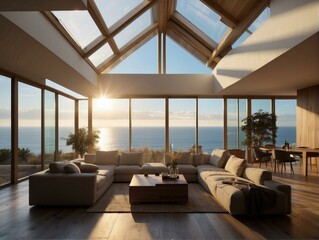 A living room with a large couch and windows overlooking the ocean. Generative AI. - obrazy, fototapety, plakaty