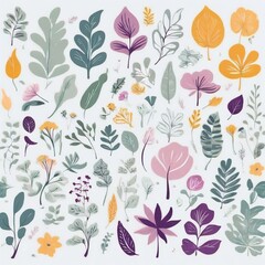 A collection of seamless pattern, colorful abstract plants and flowers. Hand drawn Collection of leaves and flowers. A close up of a pattern of flowers and leaves.
