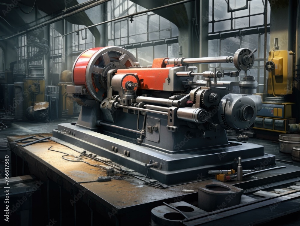 Poster A large industrial machine is sitting in a factory setting. Generative AI.