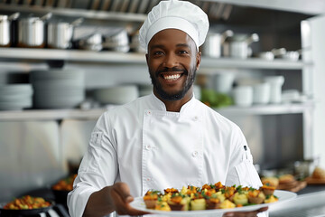 Smiling African American Chef Presenting Gourmet Dish, Professional Kitchen