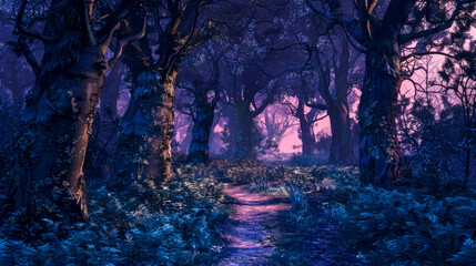 Mystical forest trail at twilight with vibrant purple hues and ethereal atmosphere