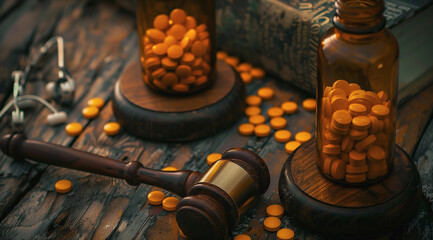 A wooden judge's gavel lies next to orange prescription bottles