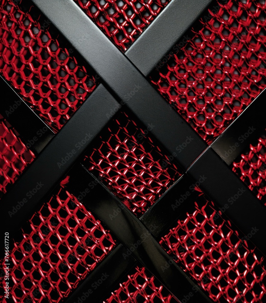 Poster A close up of a red mesh with black squares on it. Generative AI.