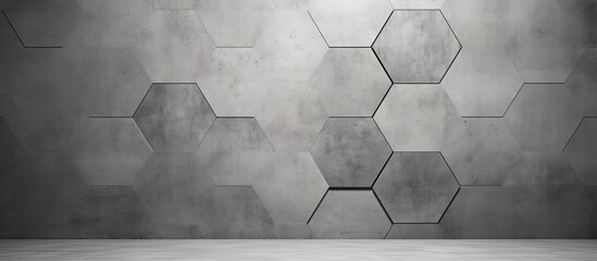 A wall is covered in a geometric design featuring hexagonal shapes arranged in a gray color scheme