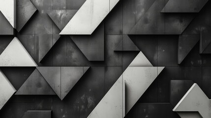 This image captures a monochromatic geometric pattern with a complex arrangement of shapes creating an abstract puzzle.