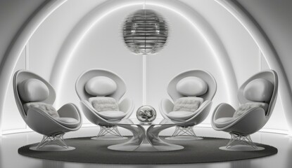 A futuristic room with a round table and chairs around it. Generative AI.