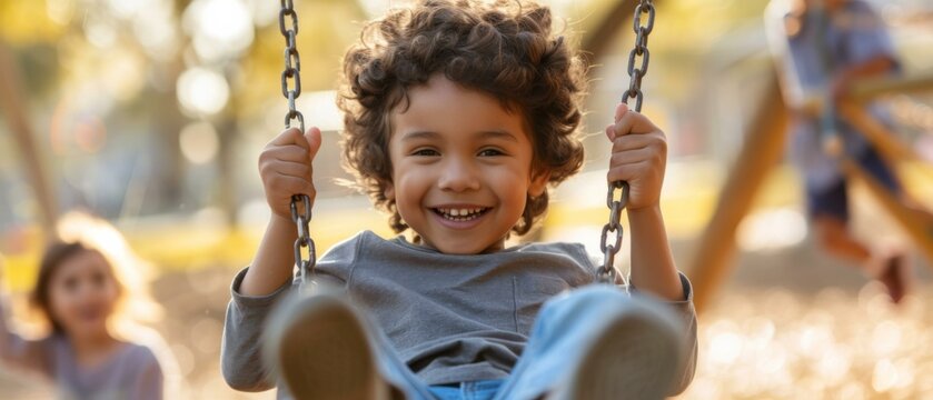A young boy smiling while swinging on a swing at the park. Generative AI.