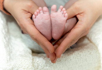 Mother hands holding newborn feet in heart shape