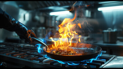 Flames engulf the contents of a pan held by a chef over a gas stove.