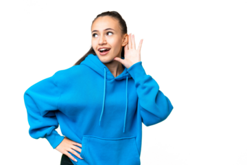 Young Arabian woman over isolated chroma key background listening to something by putting hand on the ear
