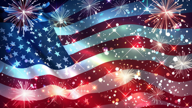 The concept of Independence Day in the USA. The American flag in shimmer lights. Fireworks on the background of the American flag.