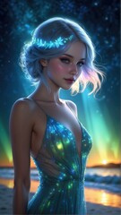 A beautiful woman with a blue dress and stars on her head. Generative AI.