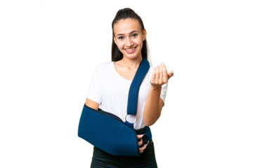 Young Arabian woman with broken arm and wearing a sling over isolated chroma key background inviting to come with hand. Happy that you came
