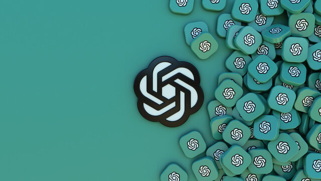 3D render of the Chat GPT logo surrounded by a lot of square badges with the icon of this artificial intelligence platform.