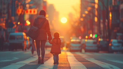 A woman and child crossing a street at sunset. Generative AI. - obrazy, fototapety, plakaty