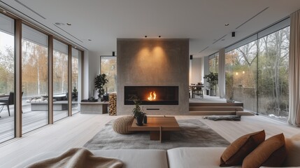 An expansive open-plan living area featuring a modern fireplace as the focal point, surrounded by nature views through floor-to-ceiling windows