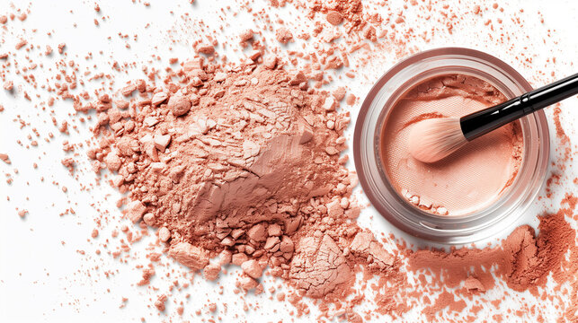 Cosmetic Elegance. A close-up view of crushed cosmetic powder next to an open container, with a makeup brush dipped into the creamy product. This image highlights the texture and application process i