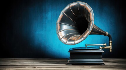 old gramophone on the blue background. Generative AI