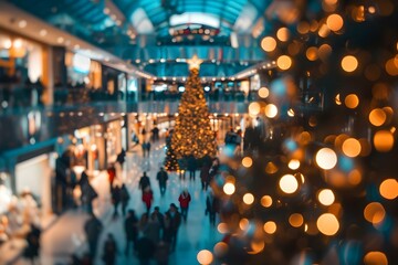 Blurred image of a crowded shopping mall during Christmas with people shopping for presents. Concept Shopping Mall, Christmas Shopping, Blurred Background, Holiday Presents, Crowded Scene